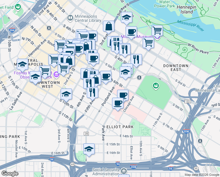 map of restaurants, bars, coffee shops, grocery stores, and more near 517 South 6th Street in Minneapolis