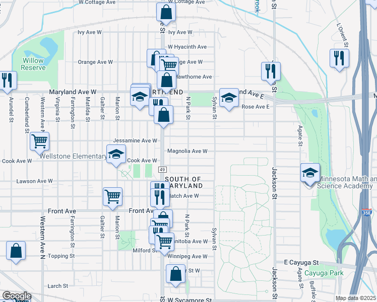map of restaurants, bars, coffee shops, grocery stores, and more near N Park St & W Magnolia Ave in St Paul