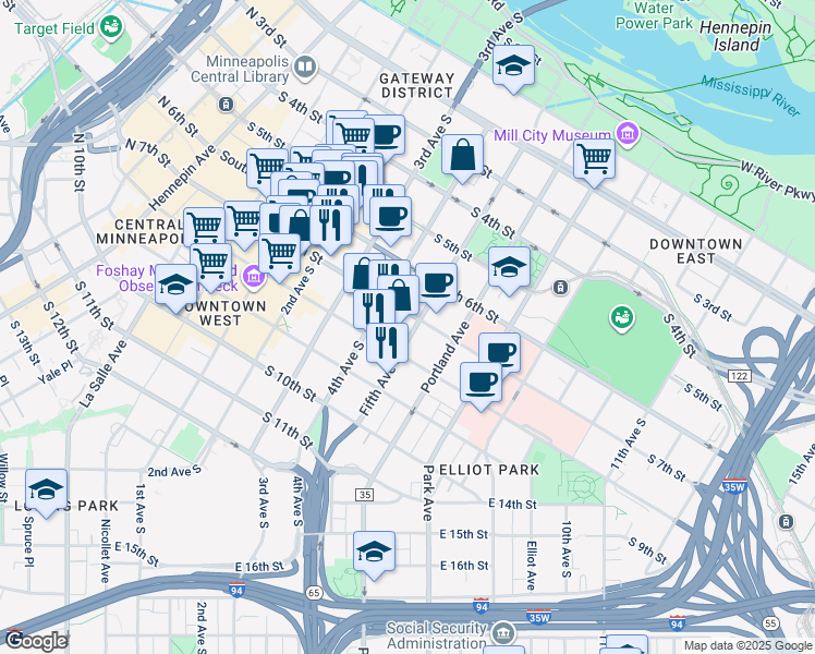 map of restaurants, bars, coffee shops, grocery stores, and more near 600 South 5th Avenue in Minneapolis