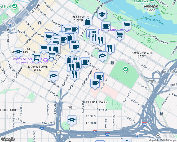 map of restaurants, bars, coffee shops, grocery stores, and more near 517 South 6th Street in Minneapolis