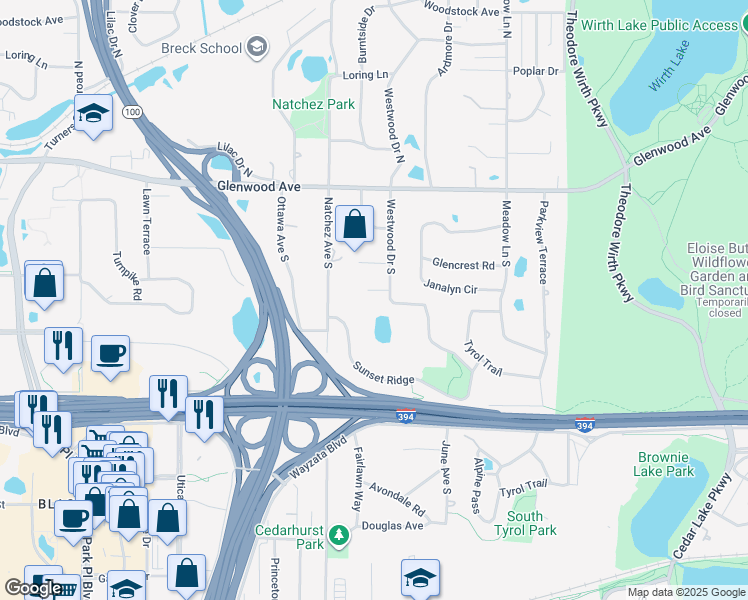 map of restaurants, bars, coffee shops, grocery stores, and more near 4520 Strawberry Lane in Golden Valley