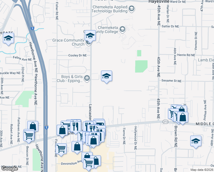 map of restaurants, bars, coffee shops, grocery stores, and more near 50 Winema Place Northeast in Salem