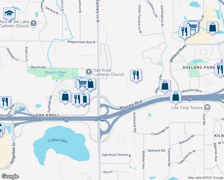 map of restaurants, bars, coffee shops, grocery stores, and more near 11100 Wayzata Boulevard in Minnetonka