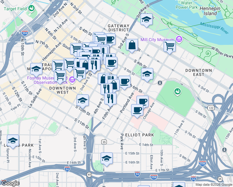 map of restaurants, bars, coffee shops, grocery stores, and more near 600 South 5th Avenue in Minneapolis
