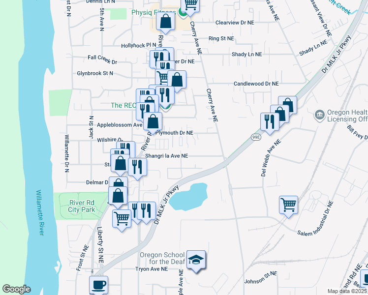 map of restaurants, bars, coffee shops, grocery stores, and more near 838 Plymouth Drive Northeast in Keizer