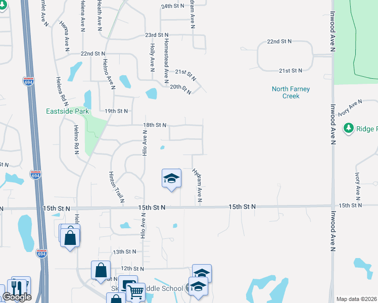 map of restaurants, bars, coffee shops, grocery stores, and more near 7905 Upper 17th Street North in Oakdale