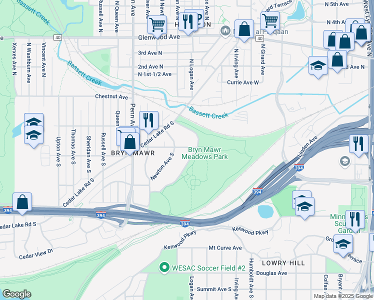 map of restaurants, bars, coffee shops, grocery stores, and more near 244 Morgan Avenue South in Minneapolis