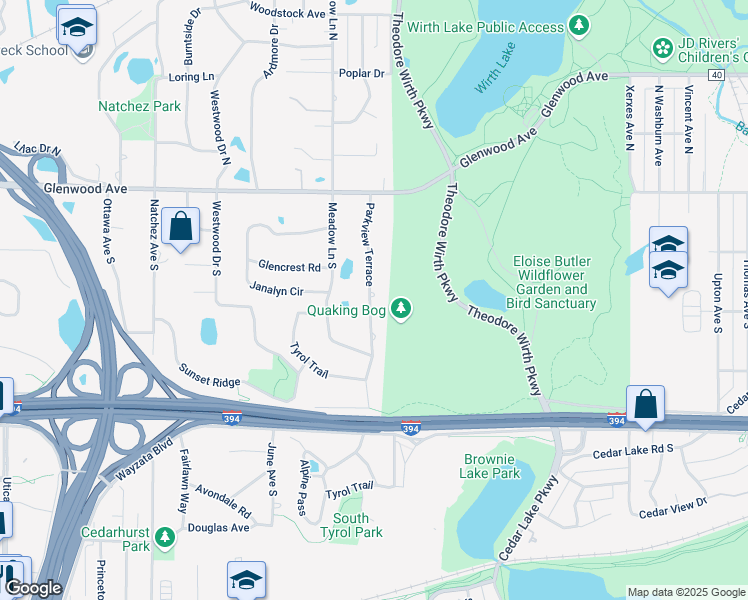 map of restaurants, bars, coffee shops, grocery stores, and more near 416 Parkview Terrace in Minneapolis