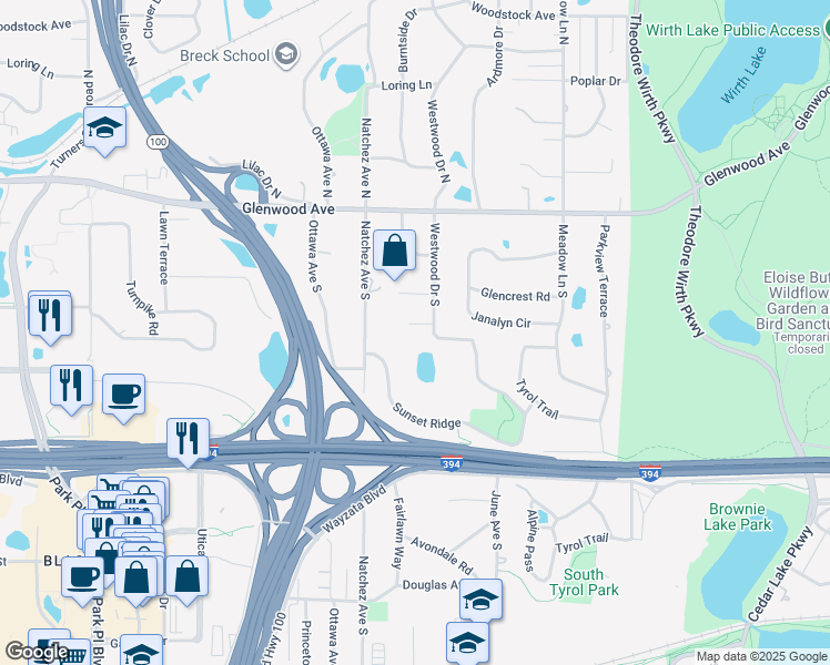 map of restaurants, bars, coffee shops, grocery stores, and more near 4520 Strawberry Lane in Golden Valley