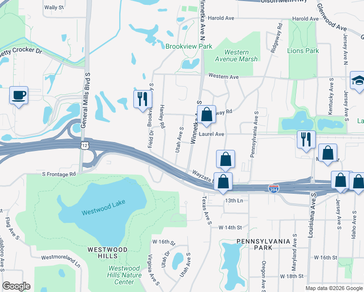 map of restaurants, bars, coffee shops, grocery stores, and more near 524 Utah Avenue South in Minneapolis