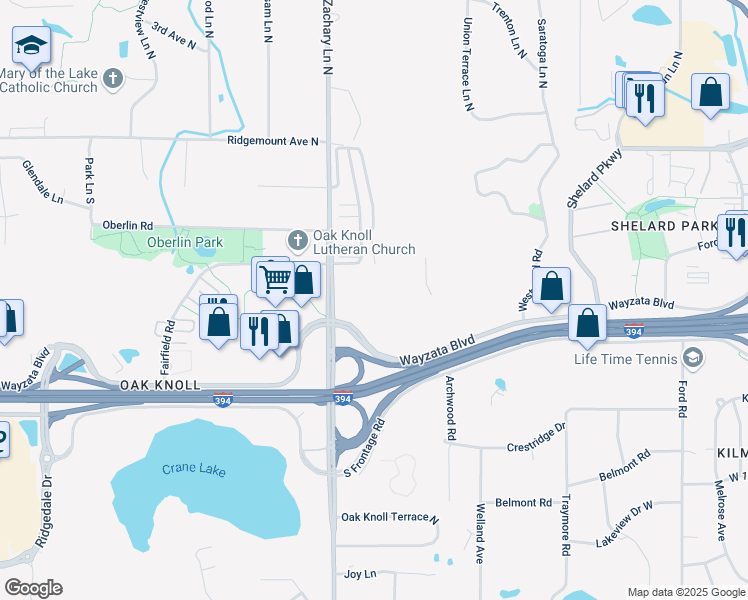 map of restaurants, bars, coffee shops, grocery stores, and more near 11100 Wayzata Boulevard in Minnetonka