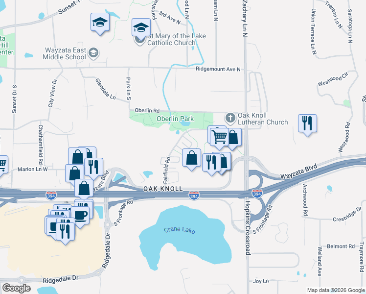 map of restaurants, bars, coffee shops, grocery stores, and more near 701 Fairfield Circle in Hopkins