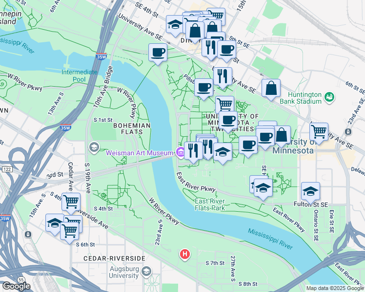 map of restaurants, bars, coffee shops, grocery stores, and more near 222 Pleasant Street Southeast in Minneapolis