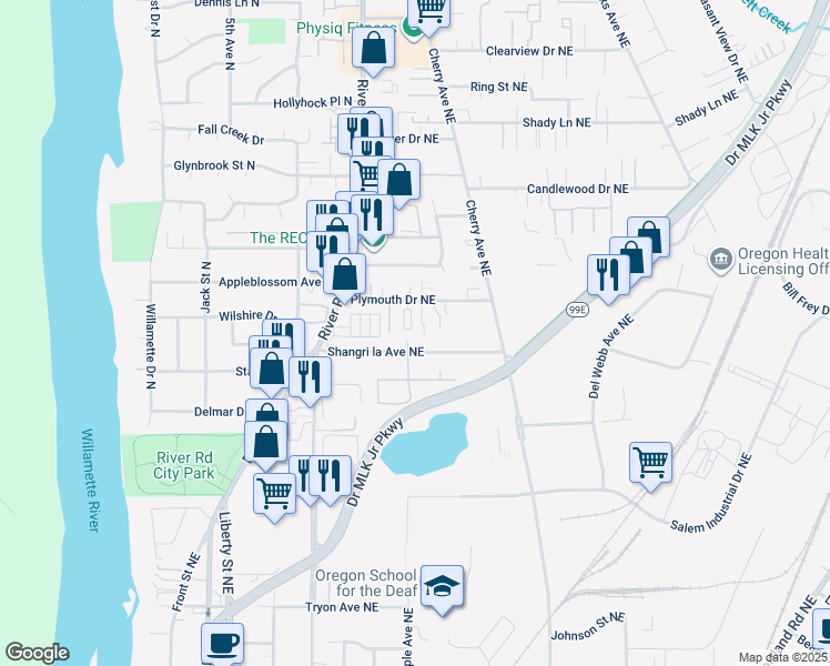 map of restaurants, bars, coffee shops, grocery stores, and more near 838 Plymouth Drive Northeast in Keizer