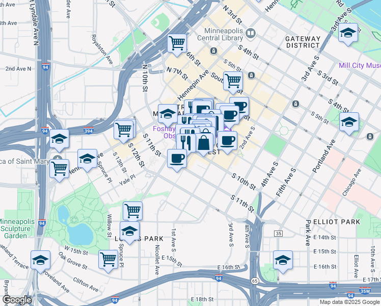 map of restaurants, bars, coffee shops, grocery stores, and more near 1000 Nicollet Mall in Minneapolis