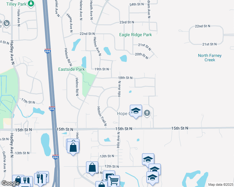 map of restaurants, bars, coffee shops, grocery stores, and more near 1777 Hinton Trail North in Oakdale