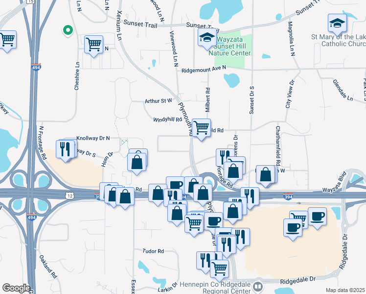 map of restaurants, bars, coffee shops, grocery stores, and more near 13213 Northridge Road in Hopkins