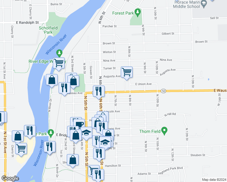 map of restaurants, bars, coffee shops, grocery stores, and more near 630 East Wausau Avenue in Wausau