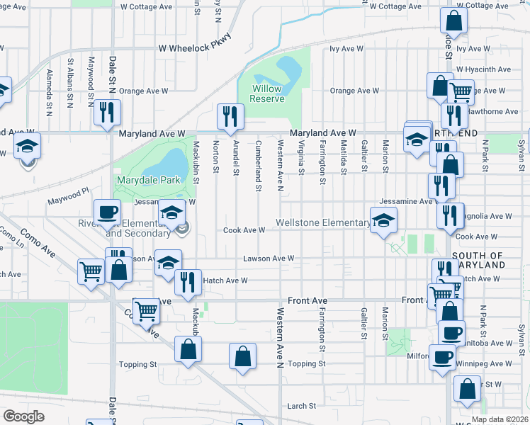 map of restaurants, bars, coffee shops, grocery stores, and more near 1100 Cumberland Street in Saint Paul