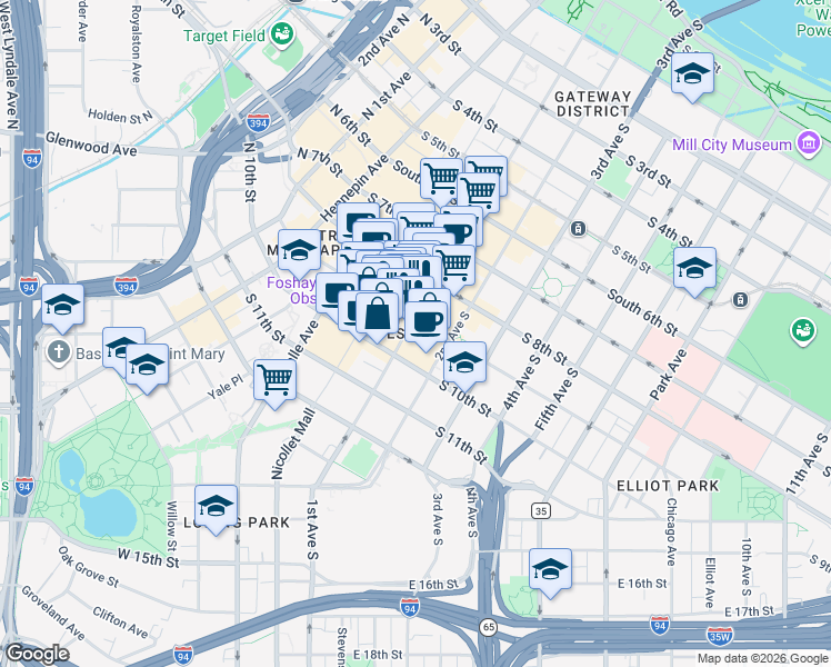 map of restaurants, bars, coffee shops, grocery stores, and more near 901 South Marquette Avenue in Minneapolis