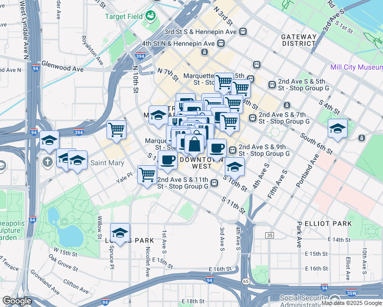 map of restaurants, bars, coffee shops, grocery stores, and more near 10 South 10th Street in Minneapolis