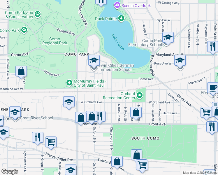 map of restaurants, bars, coffee shops, grocery stores, and more near 1100 Argyle Street in Saint Paul
