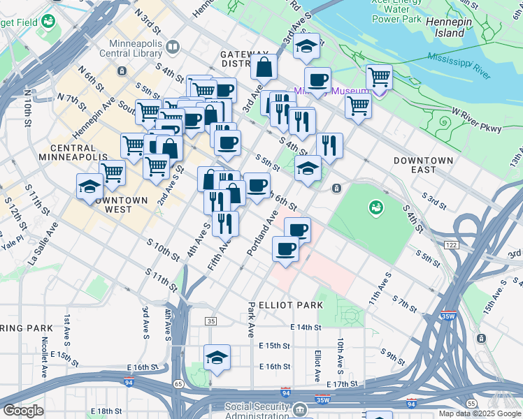 map of restaurants, bars, coffee shops, grocery stores, and more near 650 Portland Avenue in Minneapolis