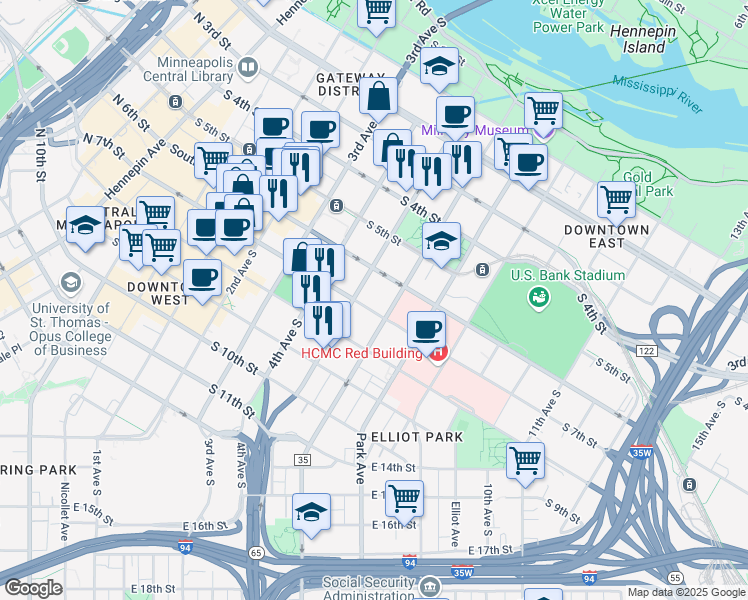 map of restaurants, bars, coffee shops, grocery stores, and more near 650 Portland Avenue in Minneapolis