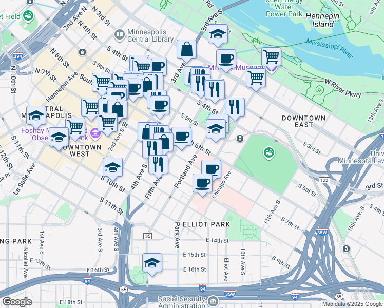 map of restaurants, bars, coffee shops, grocery stores, and more near 650 Portland Avenue in Minneapolis