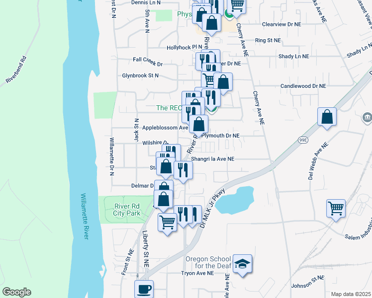 map of restaurants, bars, coffee shops, grocery stores, and more near 3357 River Road North in Salem