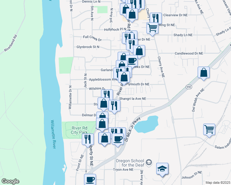 map of restaurants, bars, coffee shops, grocery stores, and more near 3357 River Road North in Salem