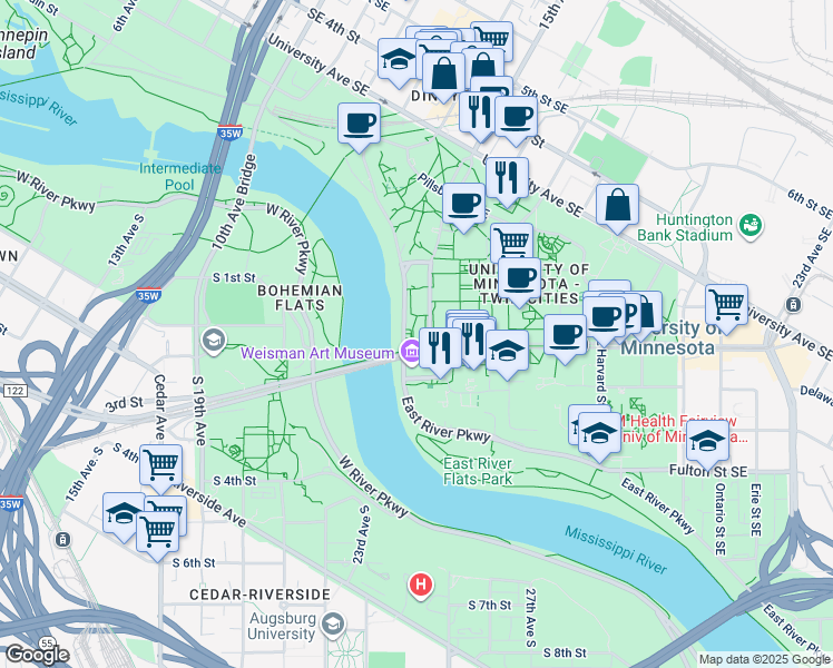 map of restaurants, bars, coffee shops, grocery stores, and more near 128 Pleasant Street Southeast in Minneapolis