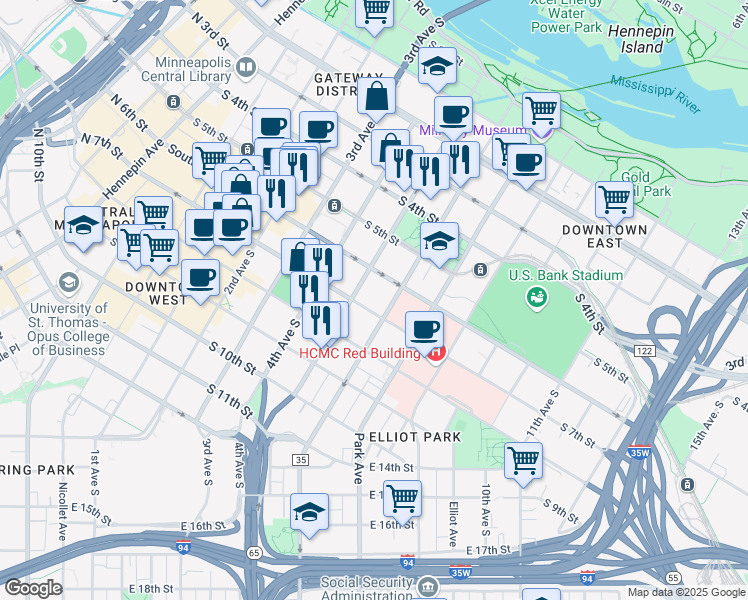 map of restaurants, bars, coffee shops, grocery stores, and more near 517 South 6th Street in Minneapolis