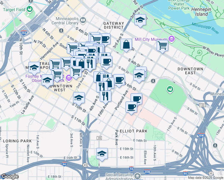 map of restaurants, bars, coffee shops, grocery stores, and more near 600 South 5th Avenue in Minneapolis