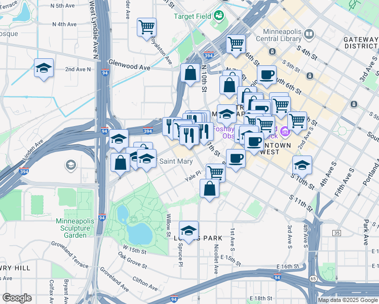 map of restaurants, bars, coffee shops, grocery stores, and more near 1201 Hennepin Avenue in Minneapolis