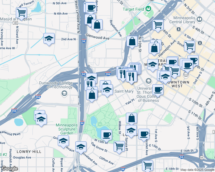 map of restaurants, bars, coffee shops, grocery stores, and more near in Minneapolis