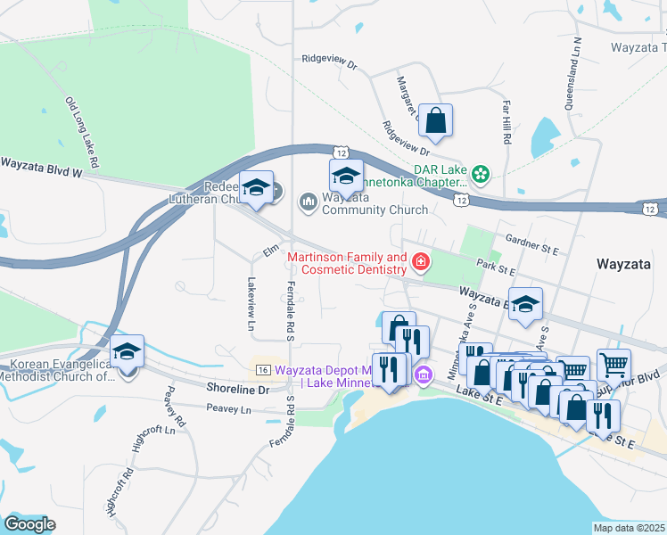 map of restaurants, bars, coffee shops, grocery stores, and more near 150 Wayzata Boulevard in Wayzata