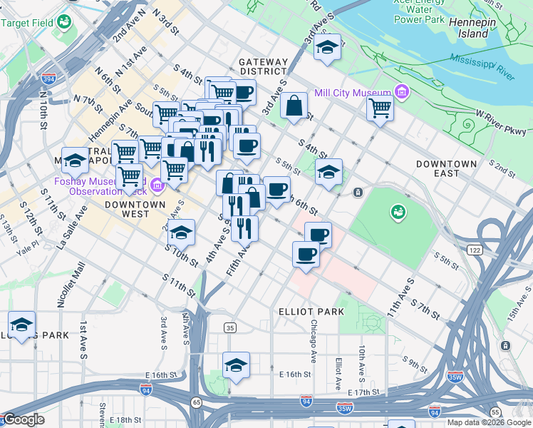 map of restaurants, bars, coffee shops, grocery stores, and more near 5th Avenue South & 7th Street South in Minneapolis