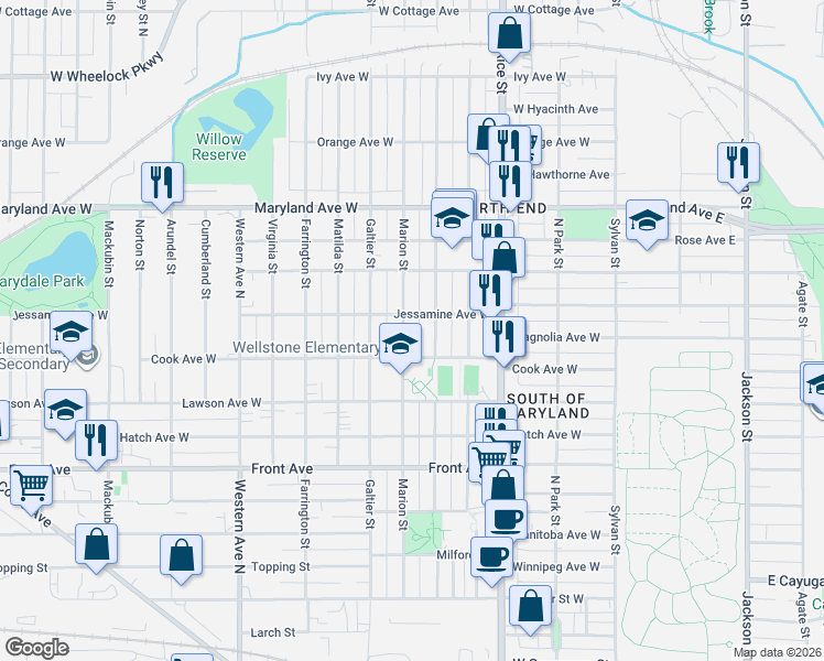 map of restaurants, bars, coffee shops, grocery stores, and more near 1106 Marion Street in Saint Paul