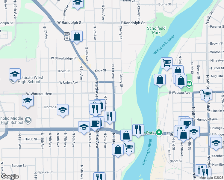 map of restaurants, bars, coffee shops, grocery stores, and more near 918 North 1st Avenue in Wausau