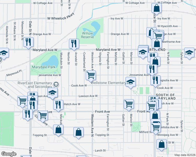 map of restaurants, bars, coffee shops, grocery stores, and more near 1101 Jessamine Avenue West in Saint Paul