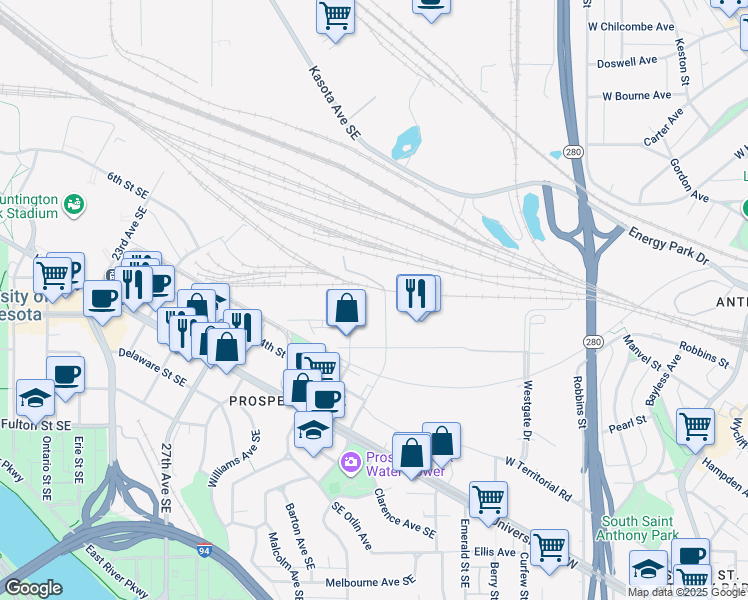 map of restaurants, bars, coffee shops, grocery stores, and more near 630 Malcolm Avenue Southeast in Minneapolis