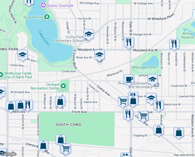 map of restaurants, bars, coffee shops, grocery stores, and more near 1097 Grotto Street North in Saint Paul
