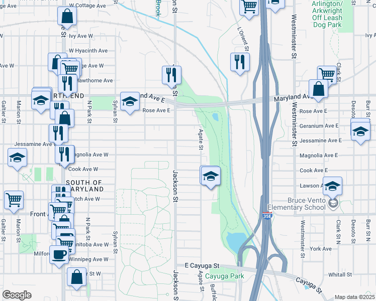 map of restaurants, bars, coffee shops, grocery stores, and more near 125 East Magnolia Avenue in Saint Paul