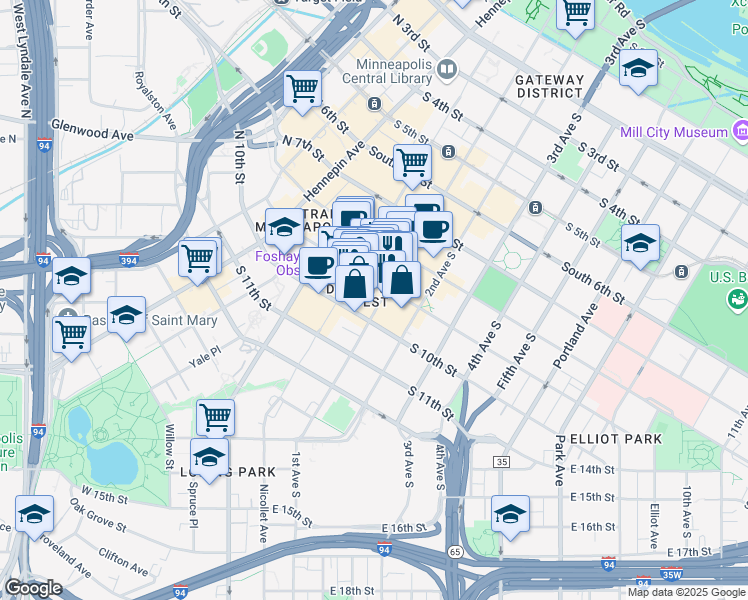 map of restaurants, bars, coffee shops, grocery stores, and more near 90 South 9th Street in Minneapolis