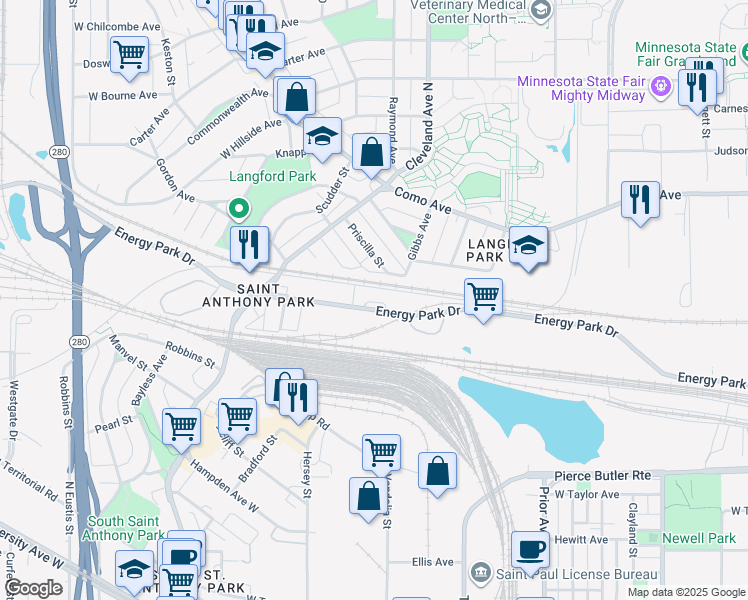 map of restaurants, bars, coffee shops, grocery stores, and more near 2091 Energy Park Drive in Saint Paul