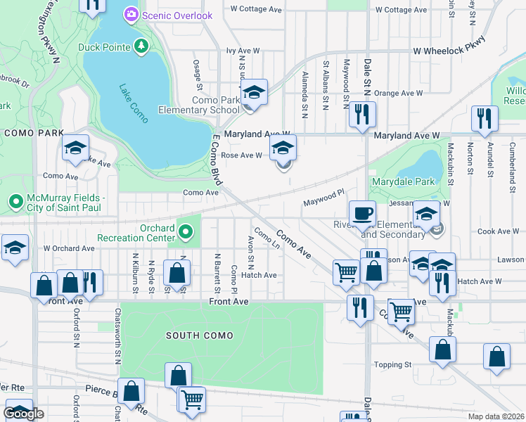 map of restaurants, bars, coffee shops, grocery stores, and more near 1097 Grotto Street North in Saint Paul