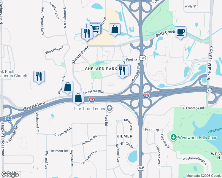 map of restaurants, bars, coffee shops, grocery stores, and more near 1155 Ford Road in St. Louis Park