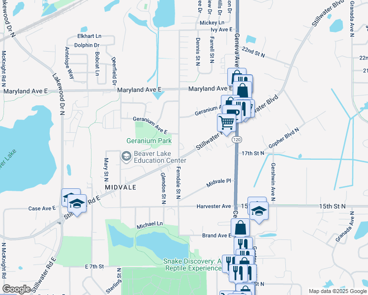 map of restaurants, bars, coffee shops, grocery stores, and more near 1106 Ferndale Street North in Maplewood