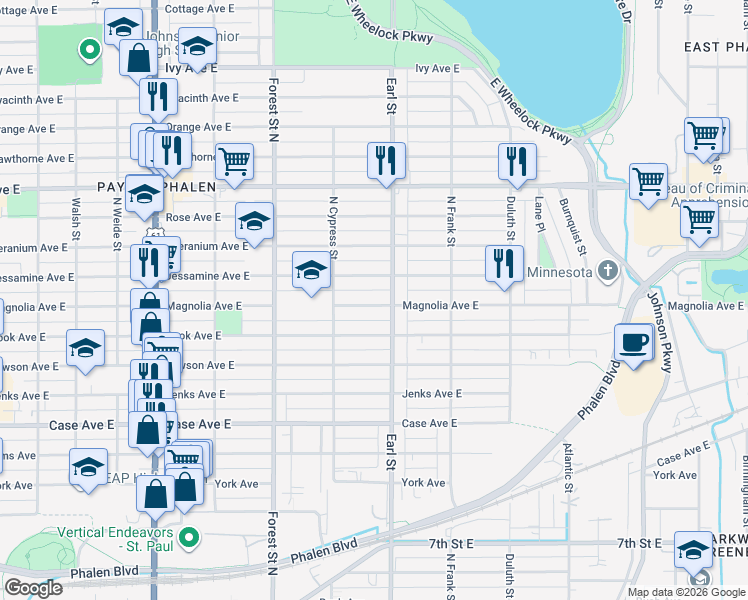 map of restaurants, bars, coffee shops, grocery stores, and more near 1028 Jessamine Avenue East in Saint Paul